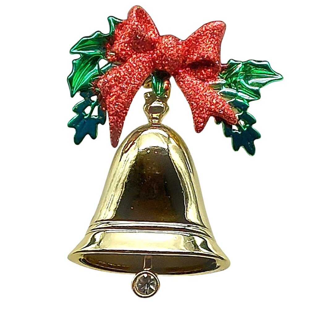 Vintage Gold-Tone Christmas Bell Brooch With Glittery Red Bow & Green Holly Leav